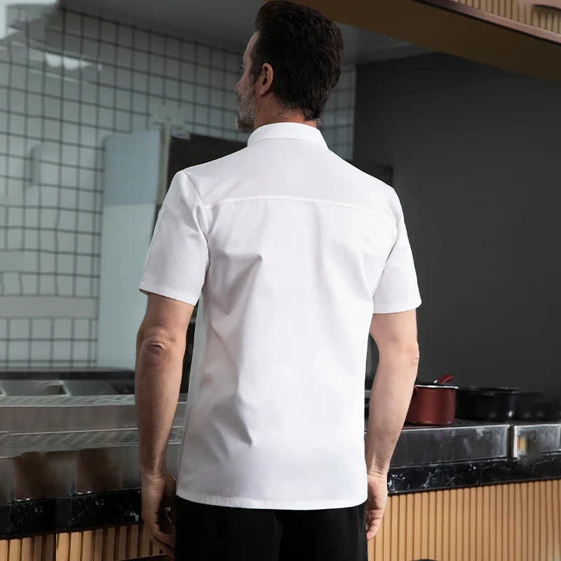 Hochwertige Kochuniform aus Baumwolle, Hotelküchenkleidung, Sommer-Kochhemd, Catering, Bäckerei, Café-Overall, zweireihige Kochjacke