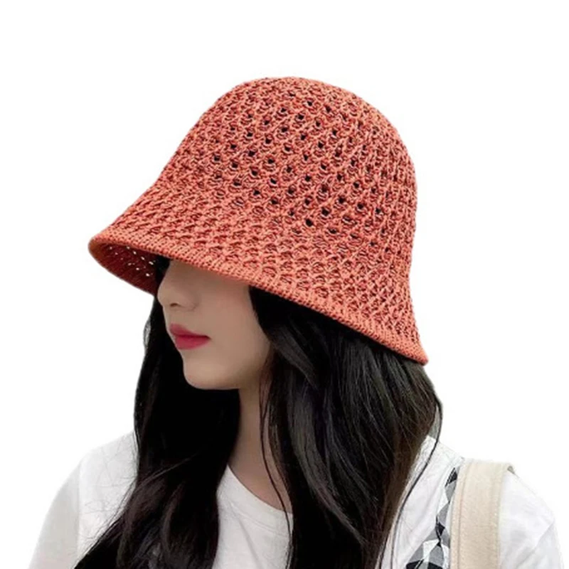 Bucket Hat Spring Summer Hollow Knitted Hat Solid Color Sunhat Fisherman Caps Casual Foldable Beach Cap