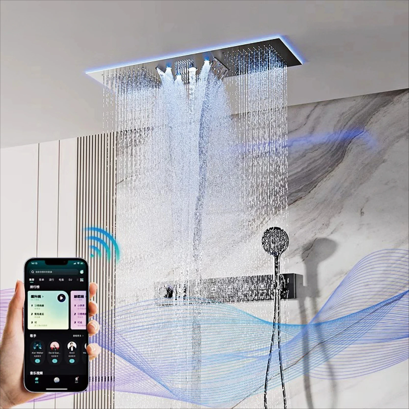 Luxury Brass Gunmetal LED Display Thermostatic Shower System Bathroom Ceiling embedded concealed giant curtain Rainfall