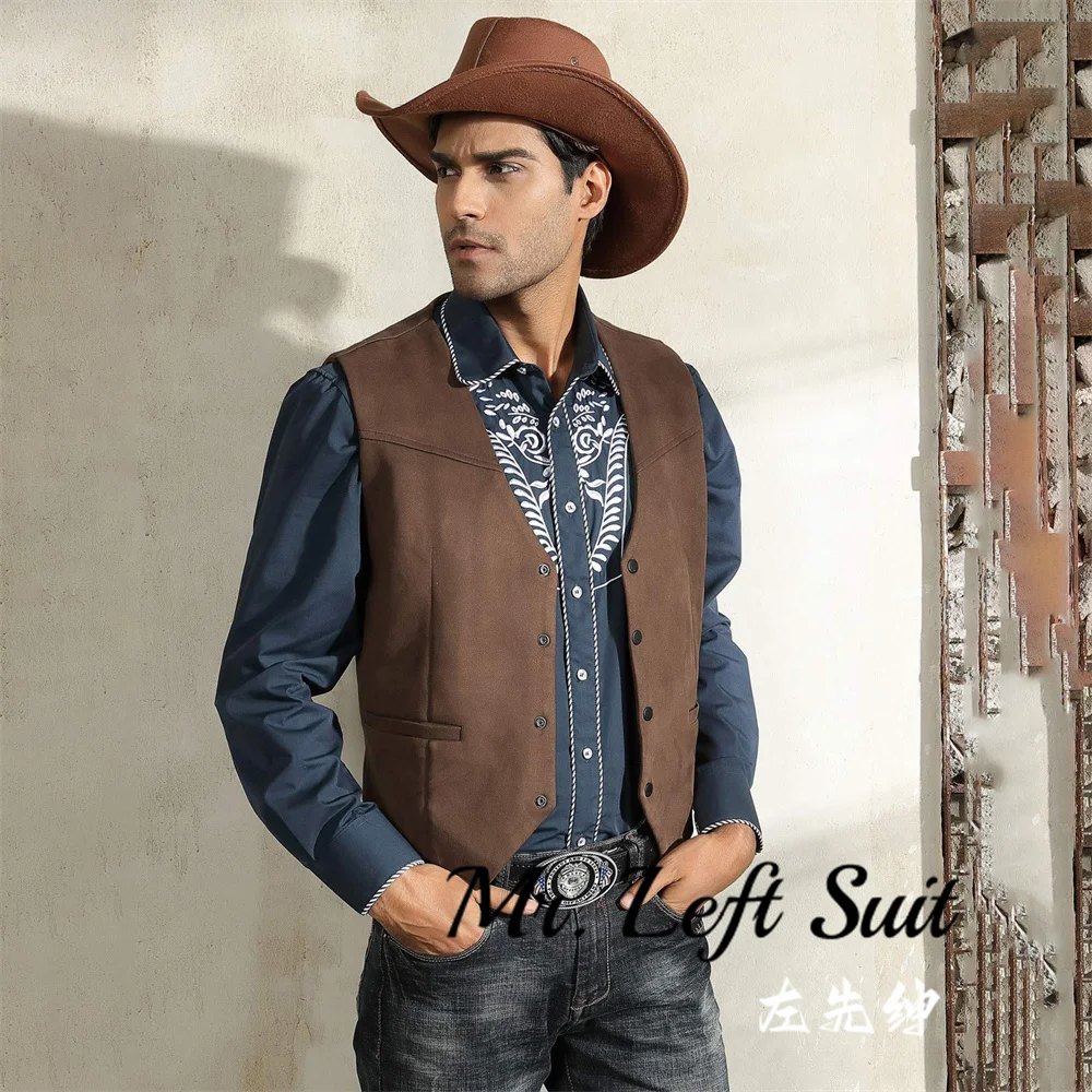 Men\'s Western Cowboy Vest Slim Fit Faux Suede Leather Dress Vests Waistcoat for Wedding Casual Western Steampunk Vest Jacket