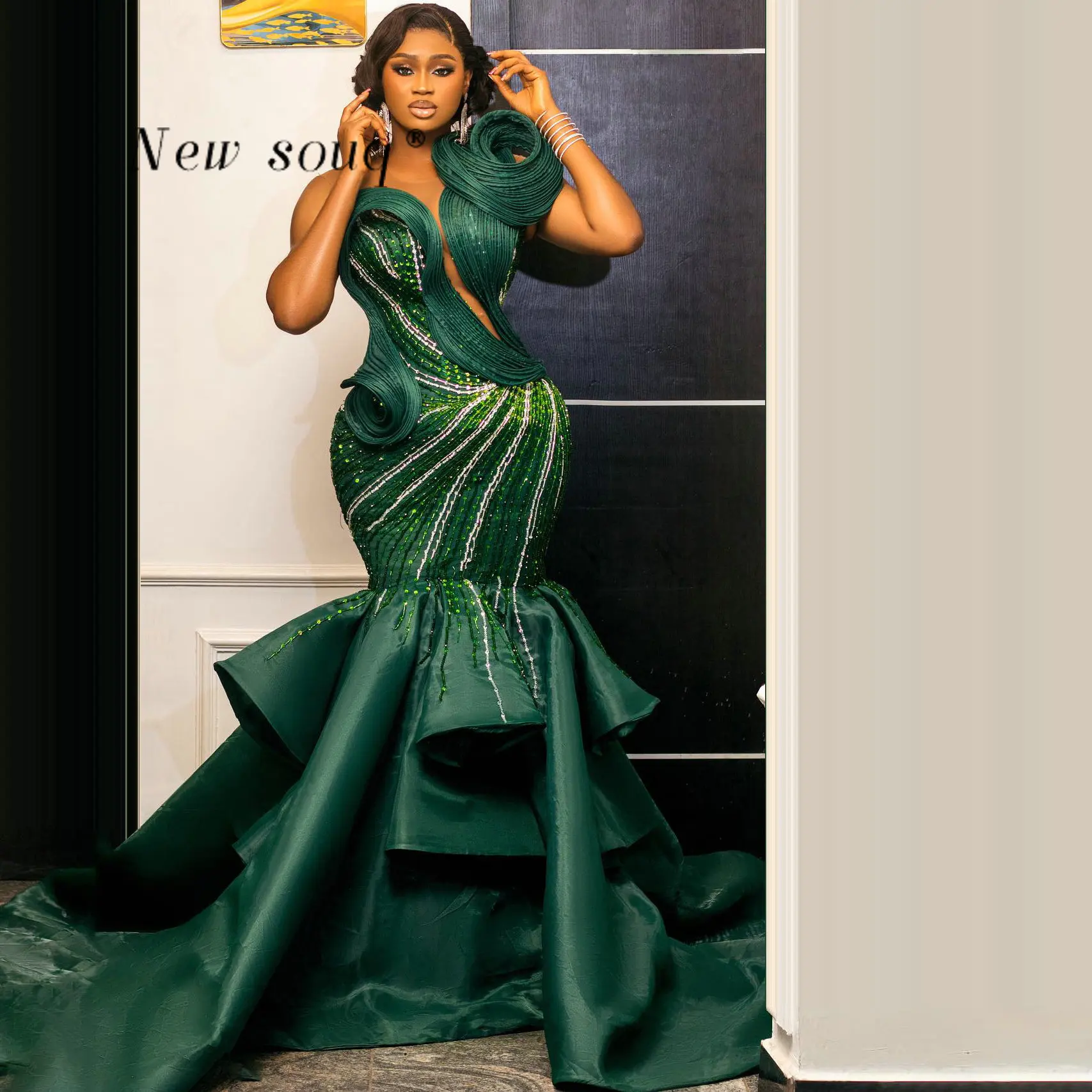 

African Aso Ebi Green Satin Mermaid Prom Dresses for Black Girls Plus Size Beaded Nigeria Women Wedding Party Gowns Customized