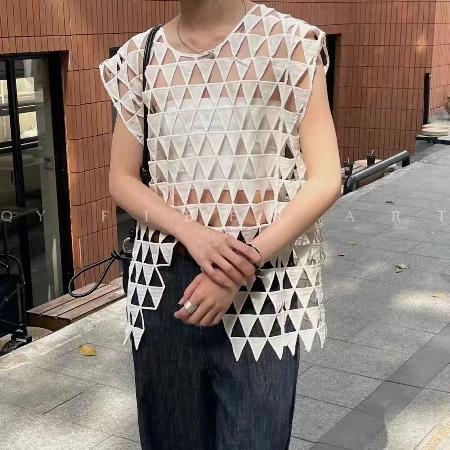 

Summer Hollow Out Shirt Vintage Irregular Inverted Triangle Loose Blouse Fashion Sleeveless Women Tank Tops JJ335