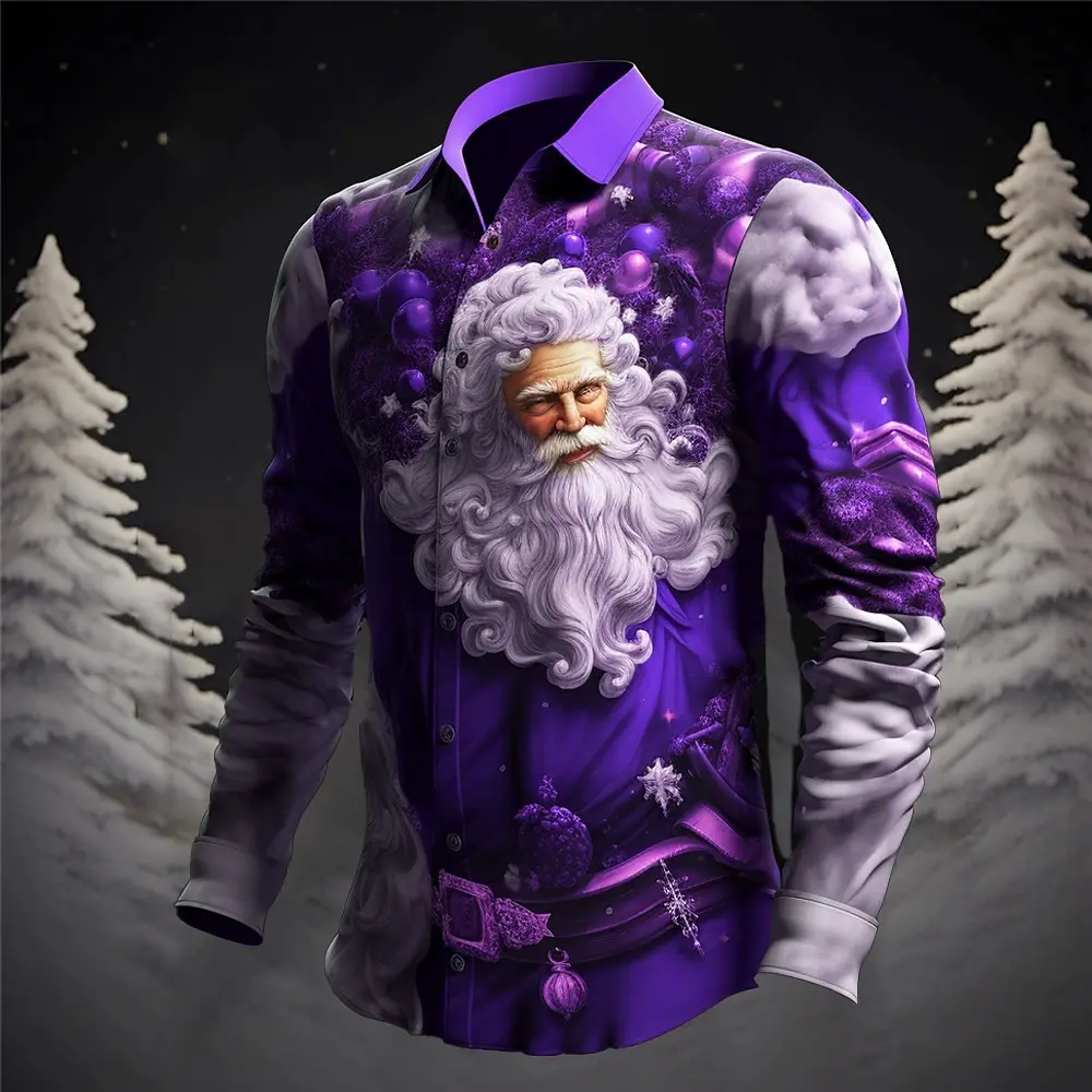 Camisa de Navidad para hombre, cuello de moda de Papá Noel diario, manga larga cómoda, estampado 3D, otoño e invierno, 2024