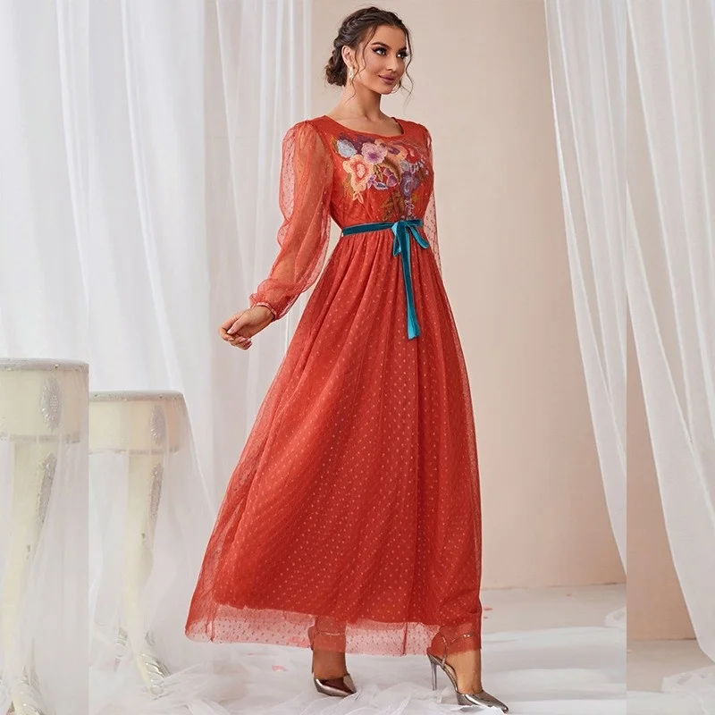 Retro Fashion Casual European and American Women's 2023 Autumn New Combination Mesh Strap Dress Robe