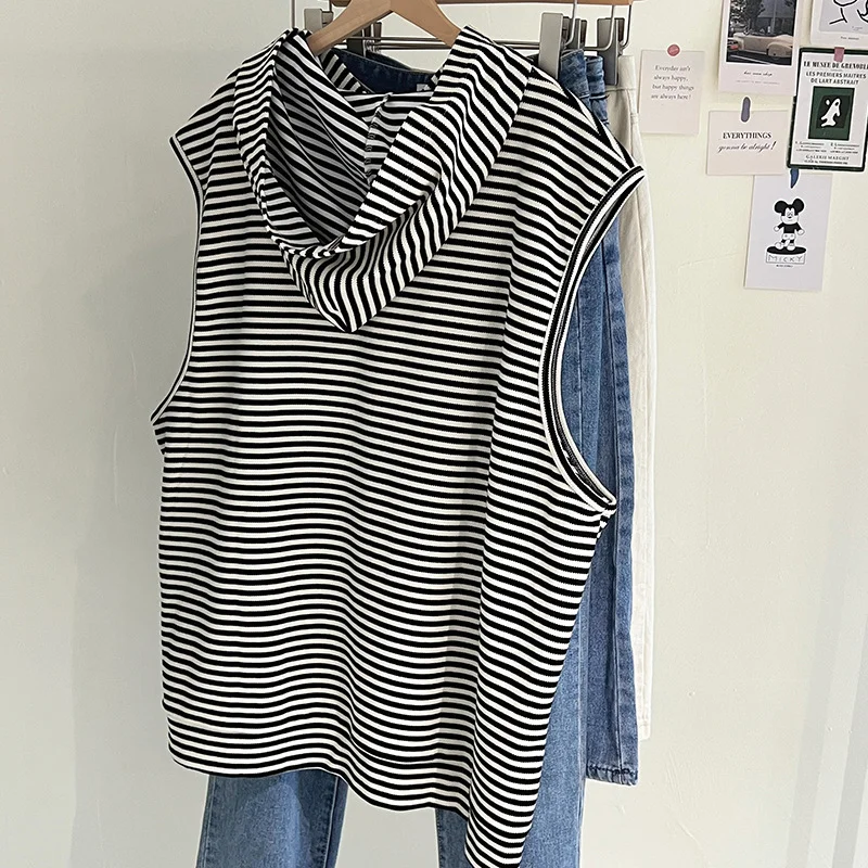 

Striped Hooded Sleeveless Sweatshirt Women in Spring and Autumn New American Loose Layered Pullover Vest Vest Top