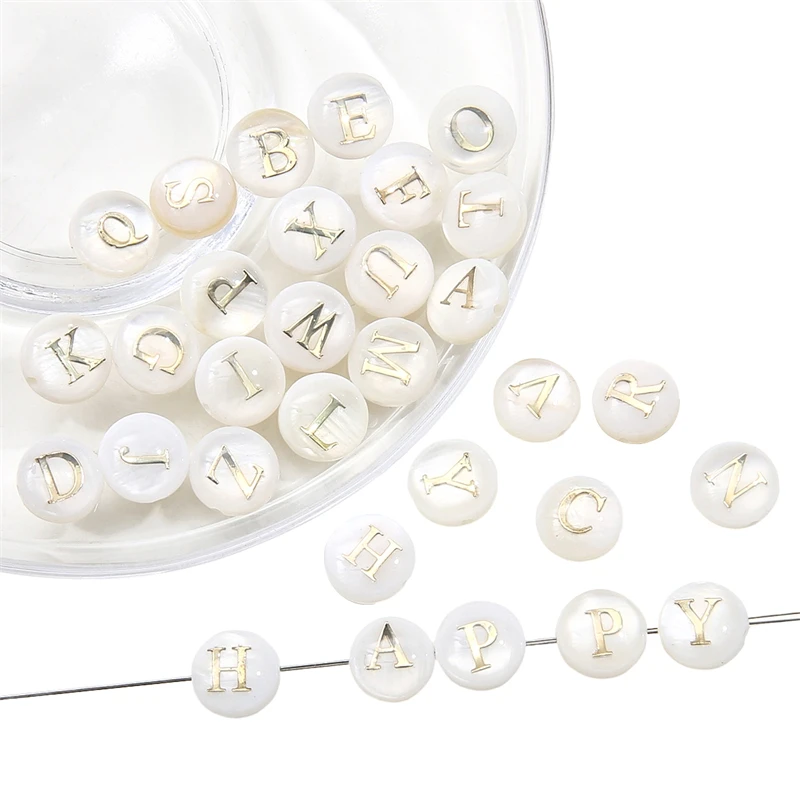 1pcs 8mm Natural Shell with Gold Foil Beads White Alphabet Letter Beads Charm for Necklace Bracelet DIY Jewelry Making