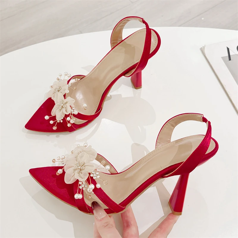 Eilyken CRYSTAL Flower Pointed Toe Women Sandals Summer Fashion Elegant Slingbacks High Heels Party Wedding Shoes view 3