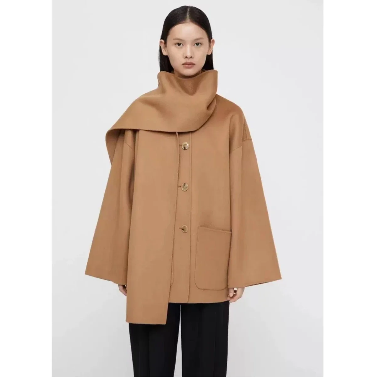 

Nordic minority tote scarf collar integrated wool coat women's long sleeve wool jacket loose short wool coat