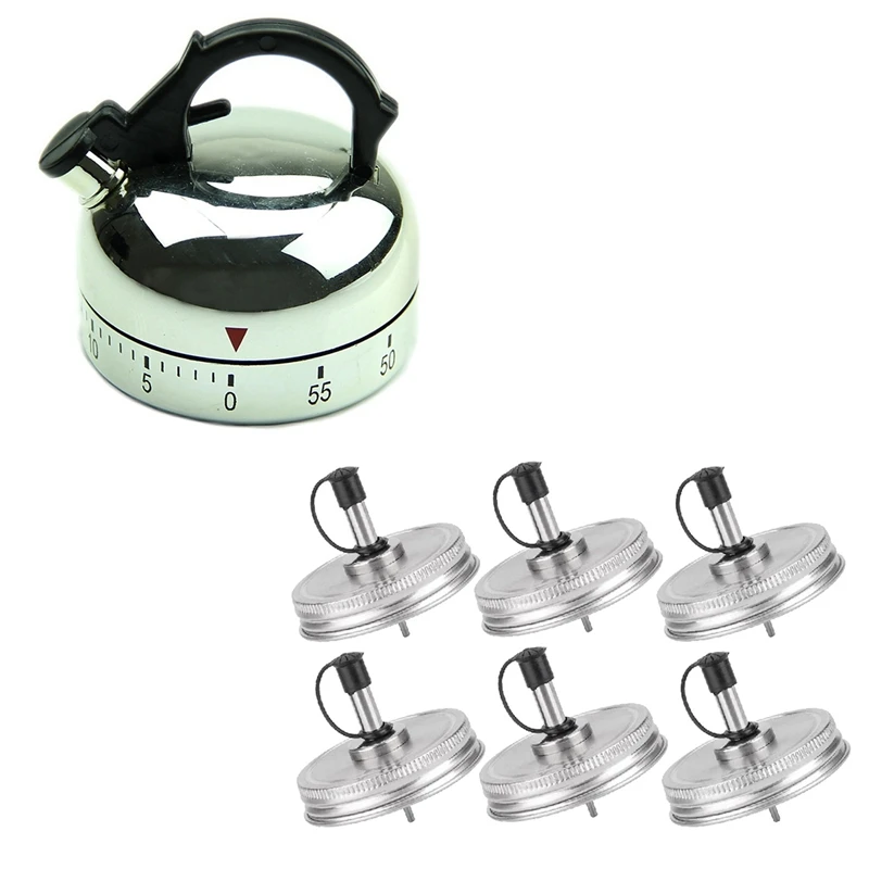 60 Minute Counting Teapot Shaped Kitchen Cooking Alarm Clock Timer With 6PC Stainless Steel 70Mm Regular Mouth Mason Jar