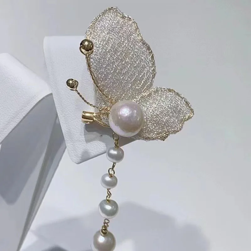 14k gold-filled strong light slightly flawed natural freshwater pearl brooch lace butterfly pearl corsage pin high-end jewelry