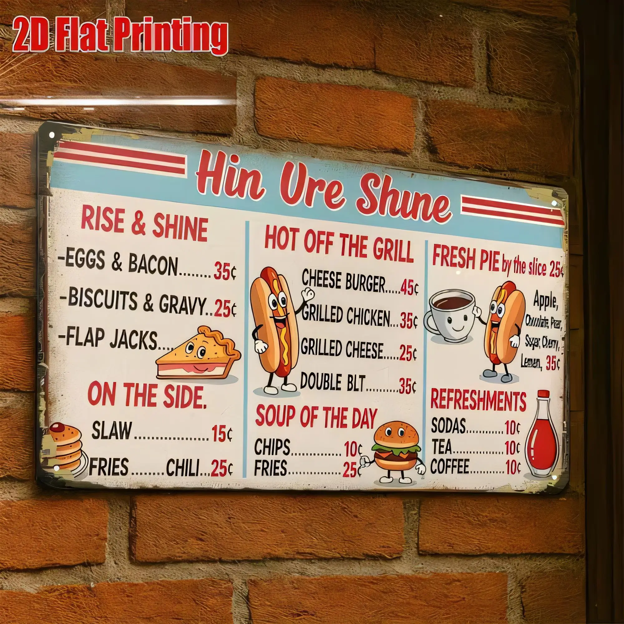 Tin Sign for Kitchen Barbecue,  Printing Vintage Retro Metal Plaque “Rise & Shine Hot Off the Grill” Cartoon Food Menu Wall Deco