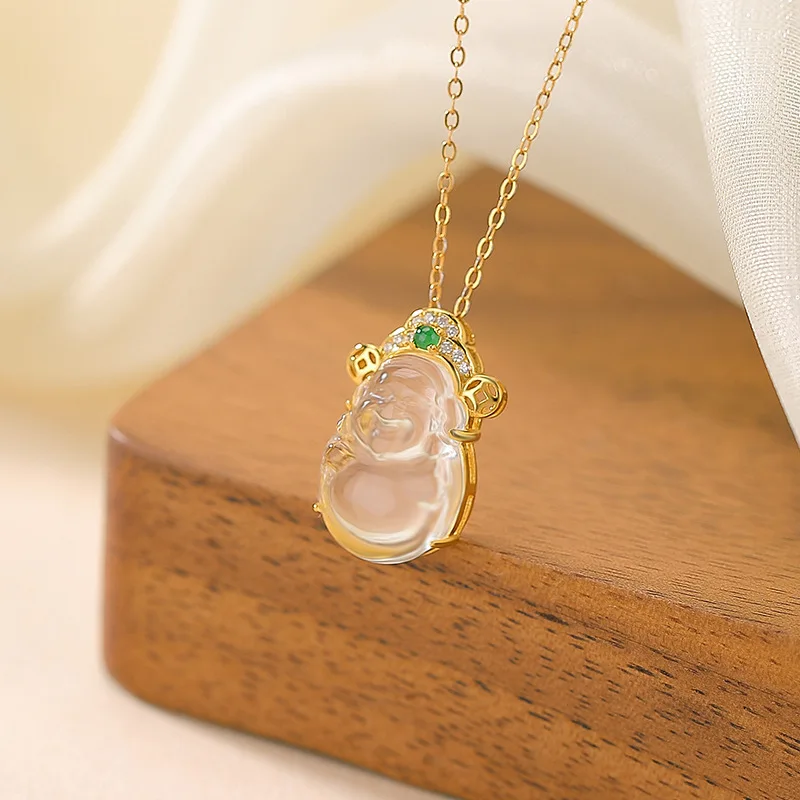 Amxiu Sterling Silver 925  White Crystal  Gold-Plated God Of Wealth  Three-Dimensional New Chinese Style Silver Pendant