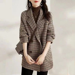 Woolen Coat Vintage Houndstooth Blazer Women Fall Fashion Korean Slim Plaid Suit Loose Luxury Design Double Breasted Jacket