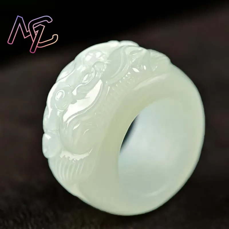 Natural Hotan Jade Pixiu Ring 20-21mm thumb Ring Chinese Jadeite Amulet Fashion Charm Jewelry Hand Carved Gifts for Women Men view 2