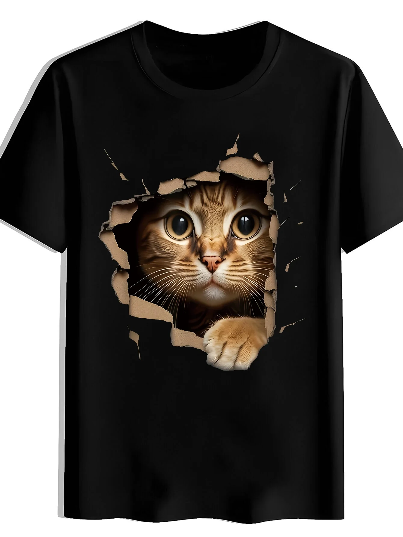 Men's Casual Crew Neck T-Shirt with Cat Paper Tear Print, Soft, Comfortable, and Wrinkle-Resistant Top, Machine Washable, Anti-Pilling, Quick-Drying, and Easy-Care Short-Sleeve T-Shirt with High Value, Wear-Resistant and Retains Shape