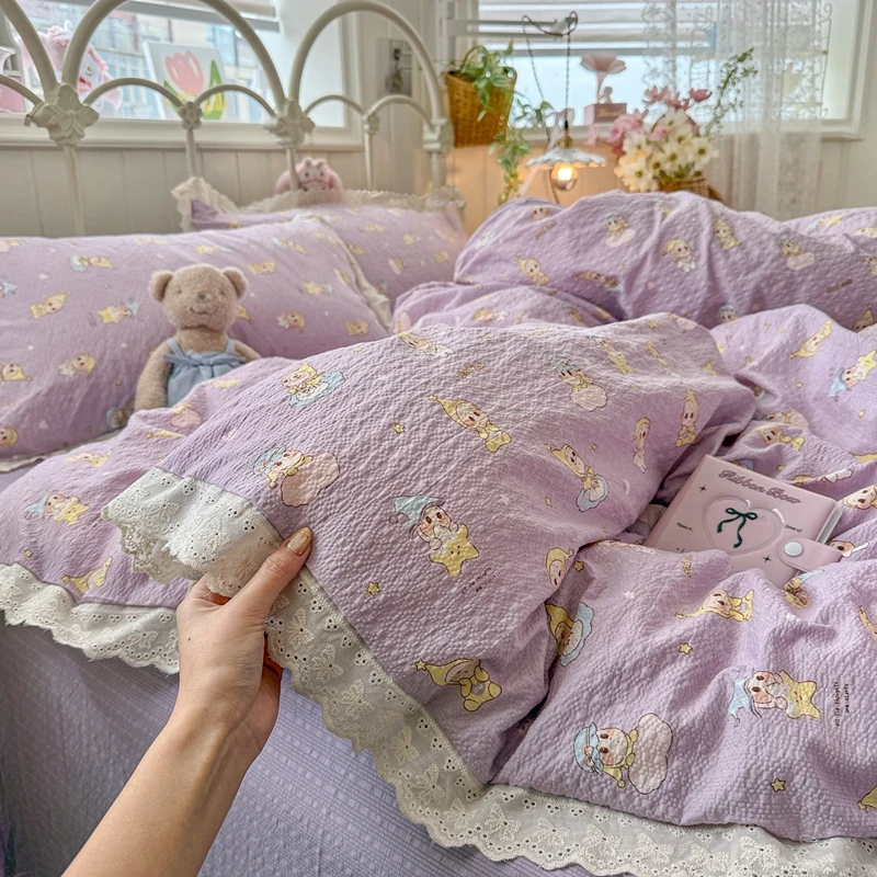 Gift Ready Purple Floral Bedding Set, Lace Ruffle Duvet Cover, Bedding Sets and Components, Soft Comforter Sets for Wedding Gift