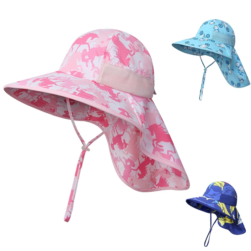 Sun Hat With Neck Flap Kids Girl Boy Summer Beach With String Sunshine Protection Accessory For Outdoor Hiking