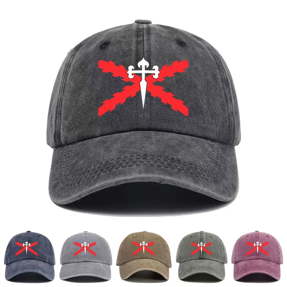 Vintage Washed Baseball Cap Red Crossed Swords Cross Of Santiago Print Graphic Unisex Streetwear Casual Trucker Style Cotton Hat