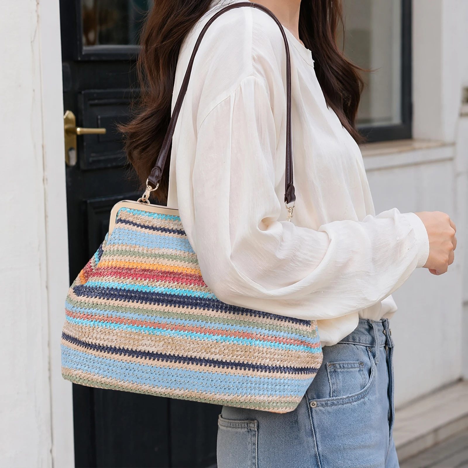 Kiss Lock Shoulder Bag for Women Knitted Hobo Clutch Purses Vintage Tote Handbag Large Capacity for Travel Shopping Work