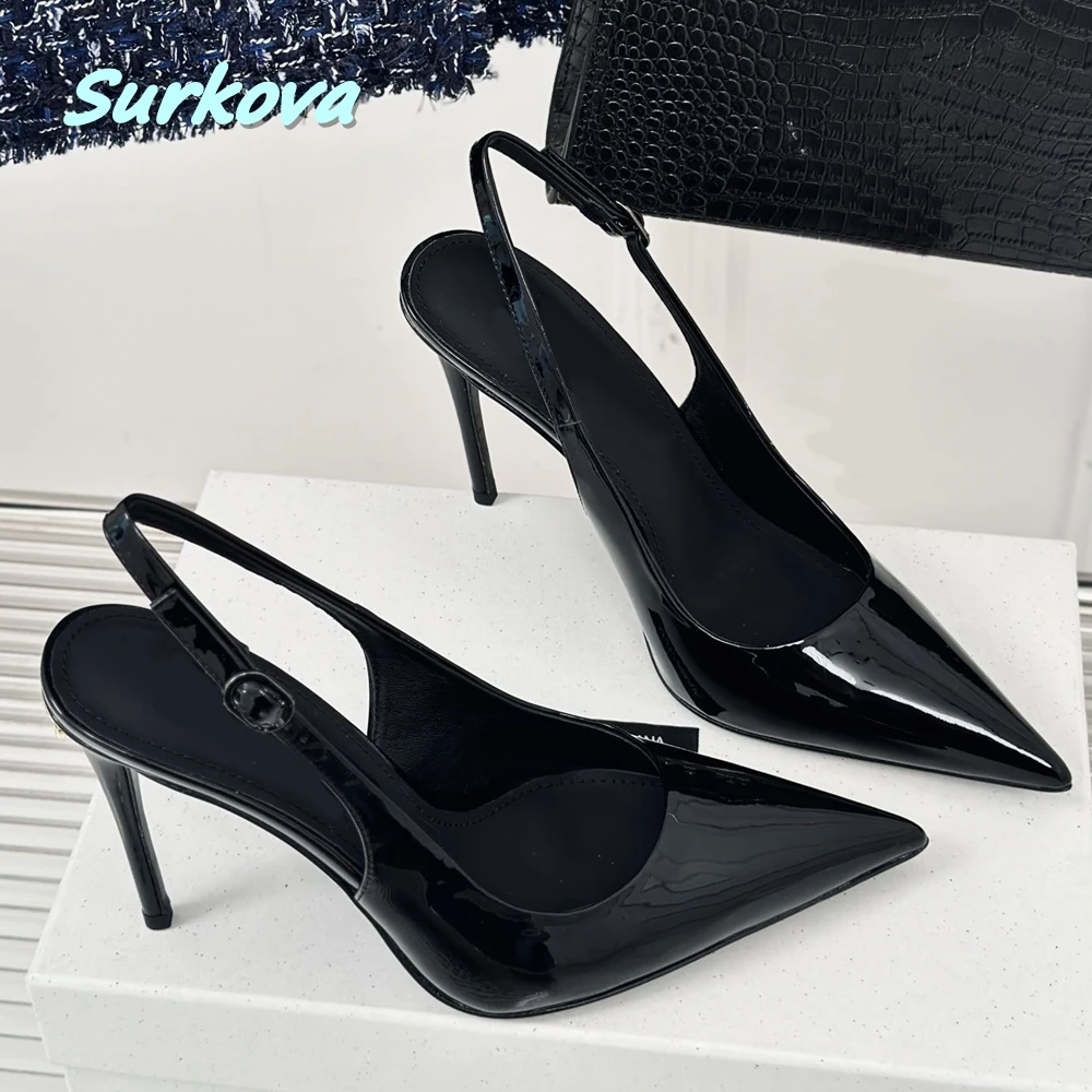 Red Sexy Stiletto Pumps Solid Summer Patent Leather Thin High Heel Pointed Toe Buckle Fashion Women Sexy Shoes Party Dress