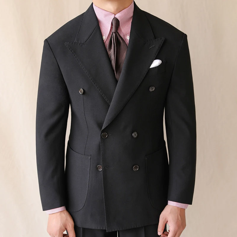 British Style Men Blazers Casual Business Double Breasted Casual Suit Jacket Wedding Dress Coat Social Banquet Tuxedo Costume