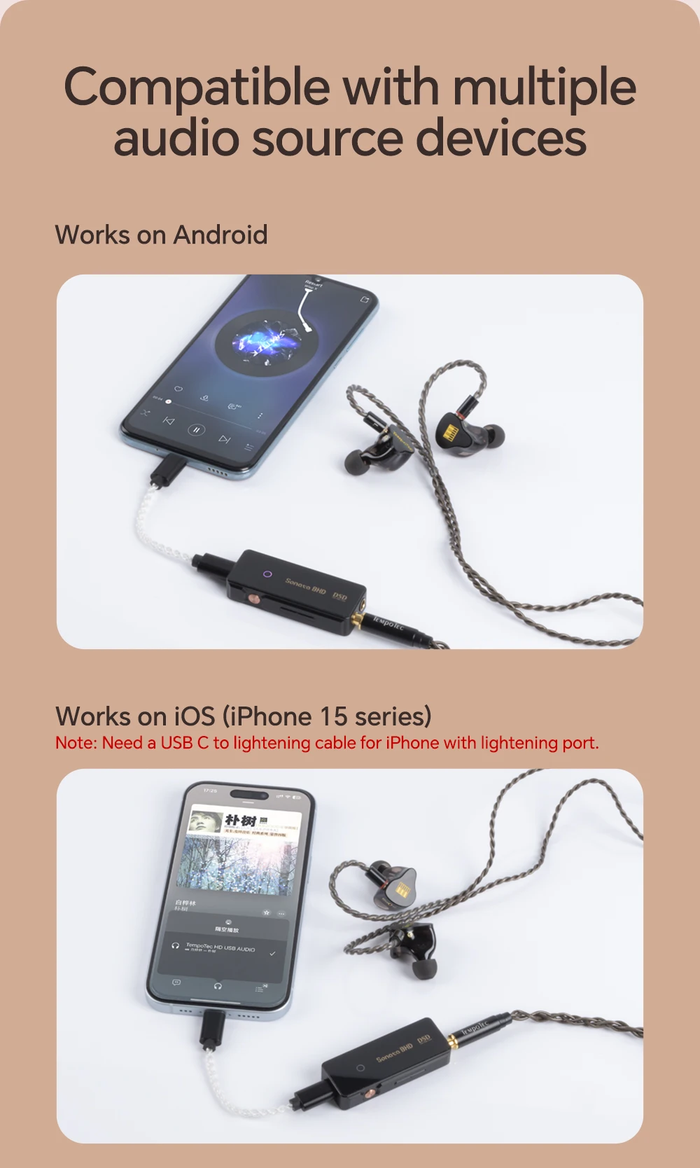 TempoTec Sonata BHD Pro - Dongle USB di tipo C DAC, DAC USB C, amplificatore per cuffie 4,4 mm e 3,5 mm, PCM384 kHz, DSD256, MQA8X, Tidal per iPhone, Android, MacOS e