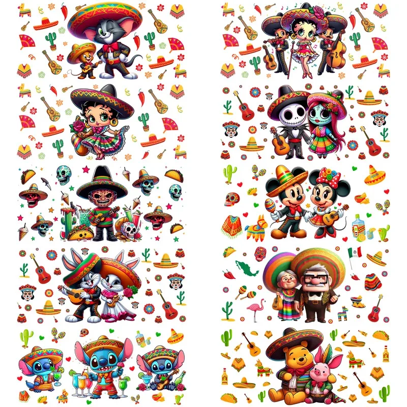 

Mexican Cartoon Series easy peel waterproof DIY Decals 3D transfers uvdtf stickers 16oz uv dtf cup wraps for Libbey Glasses