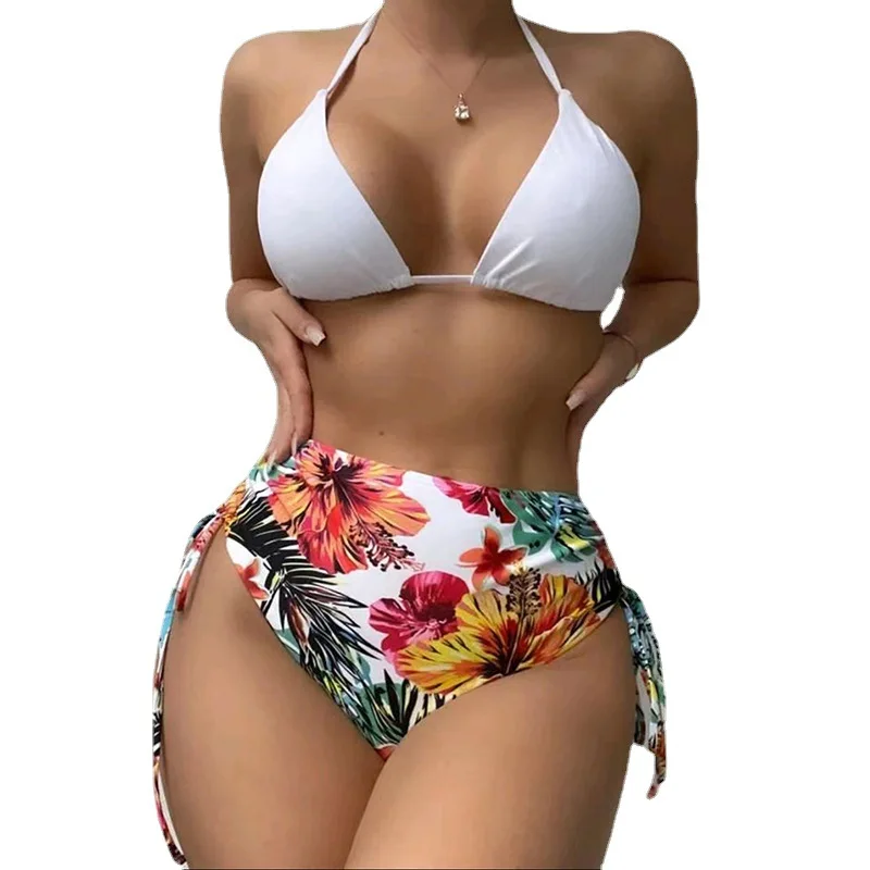 Dreiteiliger Badeanzug für Damen, trennt Bikini, bedruckt, Kordelzug, hohe Taille, Dreieckshose, lange Badebekleidung
