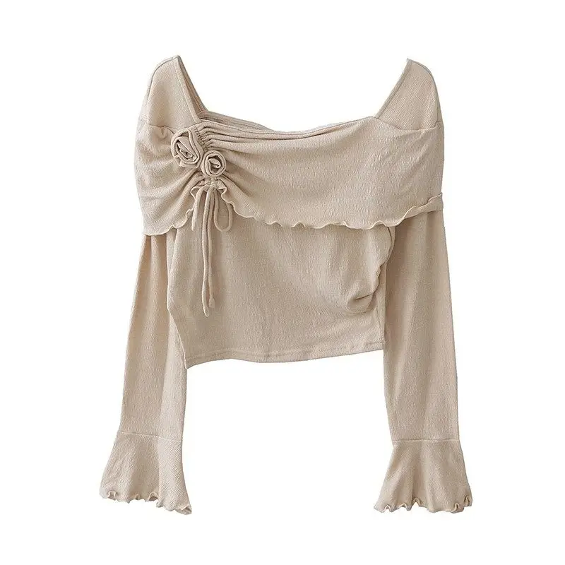 T-shirt manches trompette Rose tridimensionnel, nouveau Style français rétro doux, haut irrégulier à la mode pour femmes, printemps été