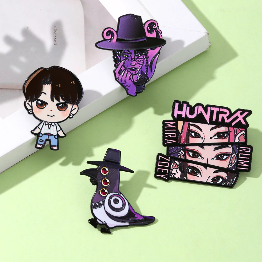 4pcs K-Pop Demon Hunters Enamel Pins Saja Boys Jinu Magpie Cartoon Character Metal Brooch Badges Jewelry Gifts for Anime Fans