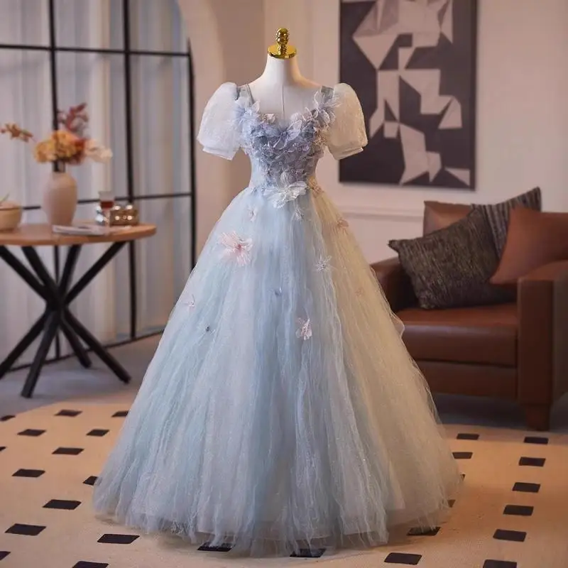 Blue Wedding Dress Evening Gown Birthday Party Princess Style Coming Of Age Ceremony Temperament Light Luxury Gown Customized
