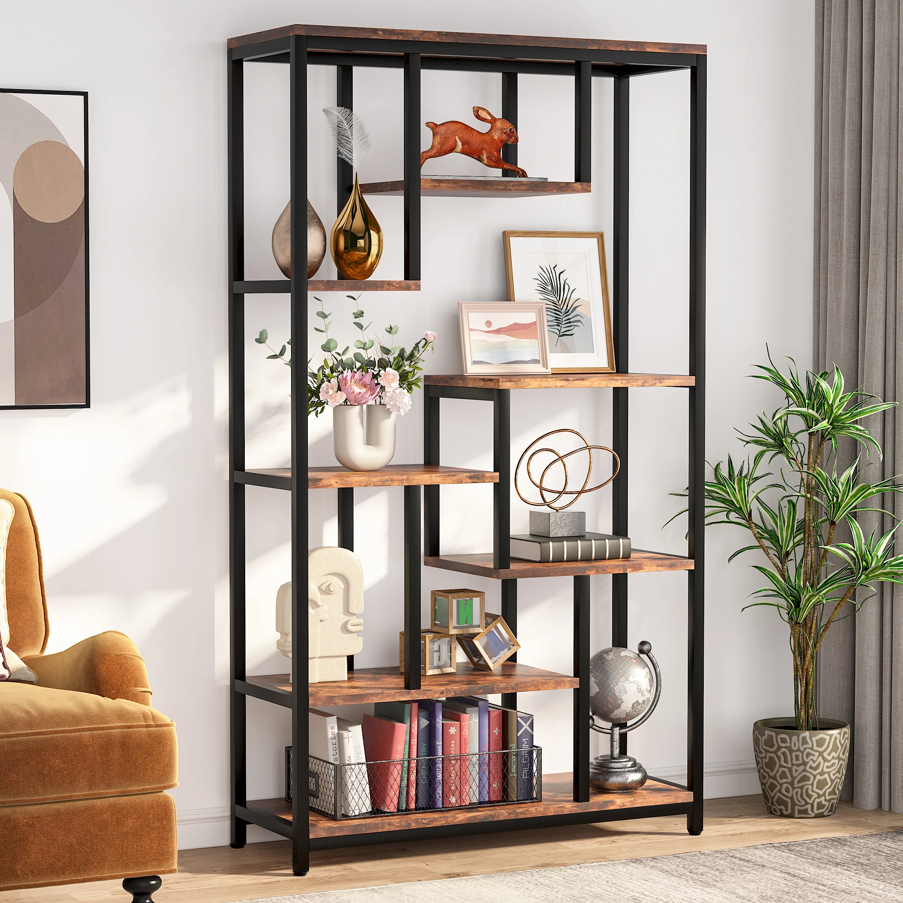 Tribesigns 8-Shelves Staggered Bookshelf, Industrial 180cm Tall Bookcase for Home Office, Wood and Metal Etagere Bookcase