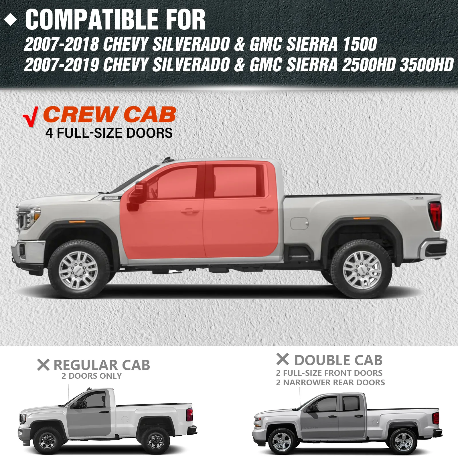 Stopnie boczne do Chevy Silverado i GMC Sierra 1500 z lat 2007-2018, Chevrolet Silverado i GMC Sierra 2500HD 3500HD Crew Cab z lat 07-2019