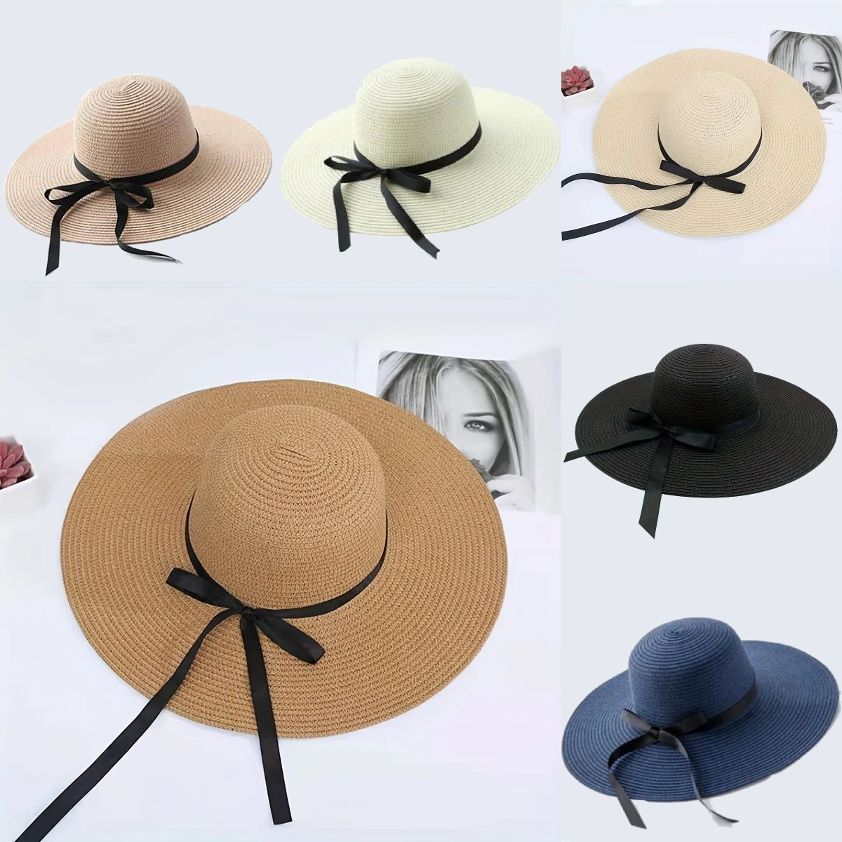 Black Bow Tie Edge Beach Hat Woman Fashionable and Elegent Foldable Sunscreen Hat Large Eave Outdoor Seaside Vacation Straw Hat