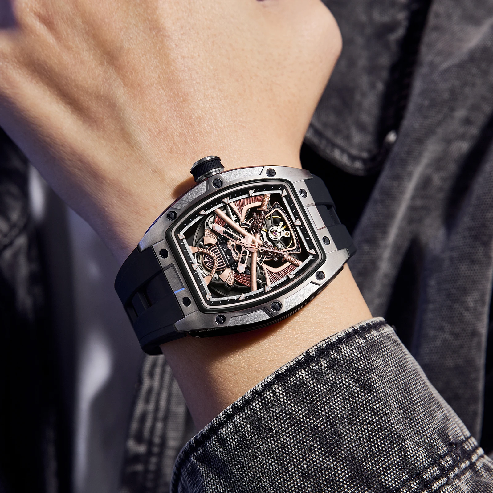 DG Black Silicone Bracelet Men's Mechanical Watch Luxury Automatic Movement Skeleton Men Wristwatch Hands Watches