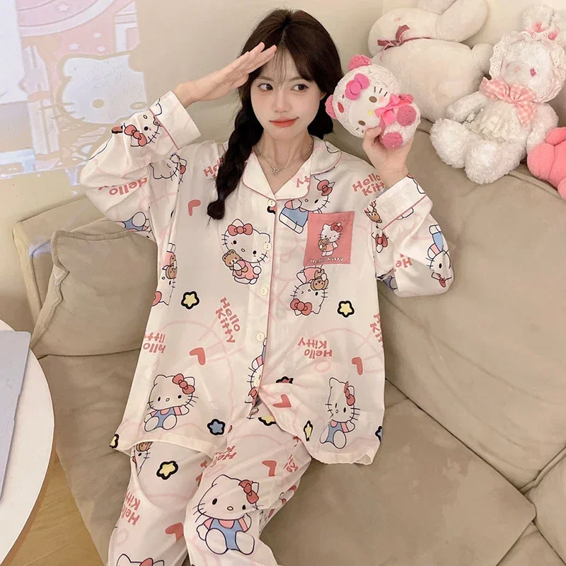 Sanrio Hello Kitty's new autumn ice silk long-sleeved lapel loose casual women's pajamas silk pajamas women's loungewear set