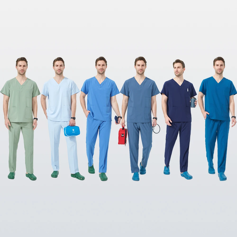 Micro Stretch Scrub Set per Gli Uomini Con Scollo A V Chirurgo Uniforme Sala Operatoria Tuta Slim Fit Dentale Pediatrico Vestiti di Cura S01