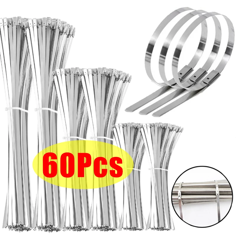 60-20Pcs Metal Cable Zip Tie Stainless Steel Cable Tie Heavy Duty Multifunction Metal Self Locking Zip Tie Clamp Cable Organizer