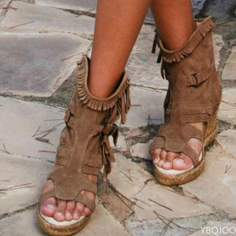 Sandalias de mujer verano 34-43 zapatos de mujer de talla grande plataforma cuña zapatos con borlas punta cerrada Boca de pescado zapatos de mujer