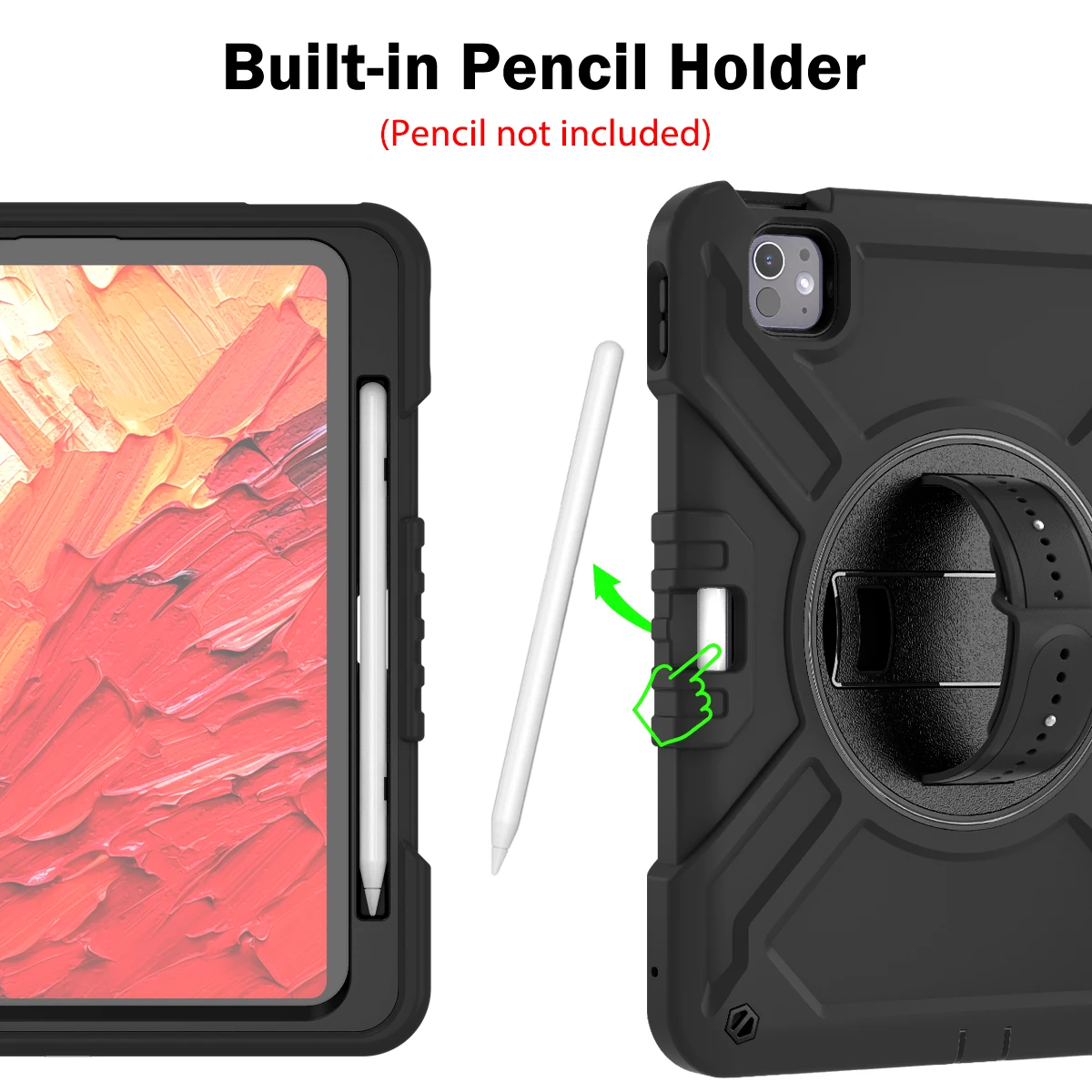 Противоударный чехол для iPad pro 11 дюймов (2024 г.) с 360° °   Вращающийся ремешок для рук, портативный плечевой ремень и слот для карандашей