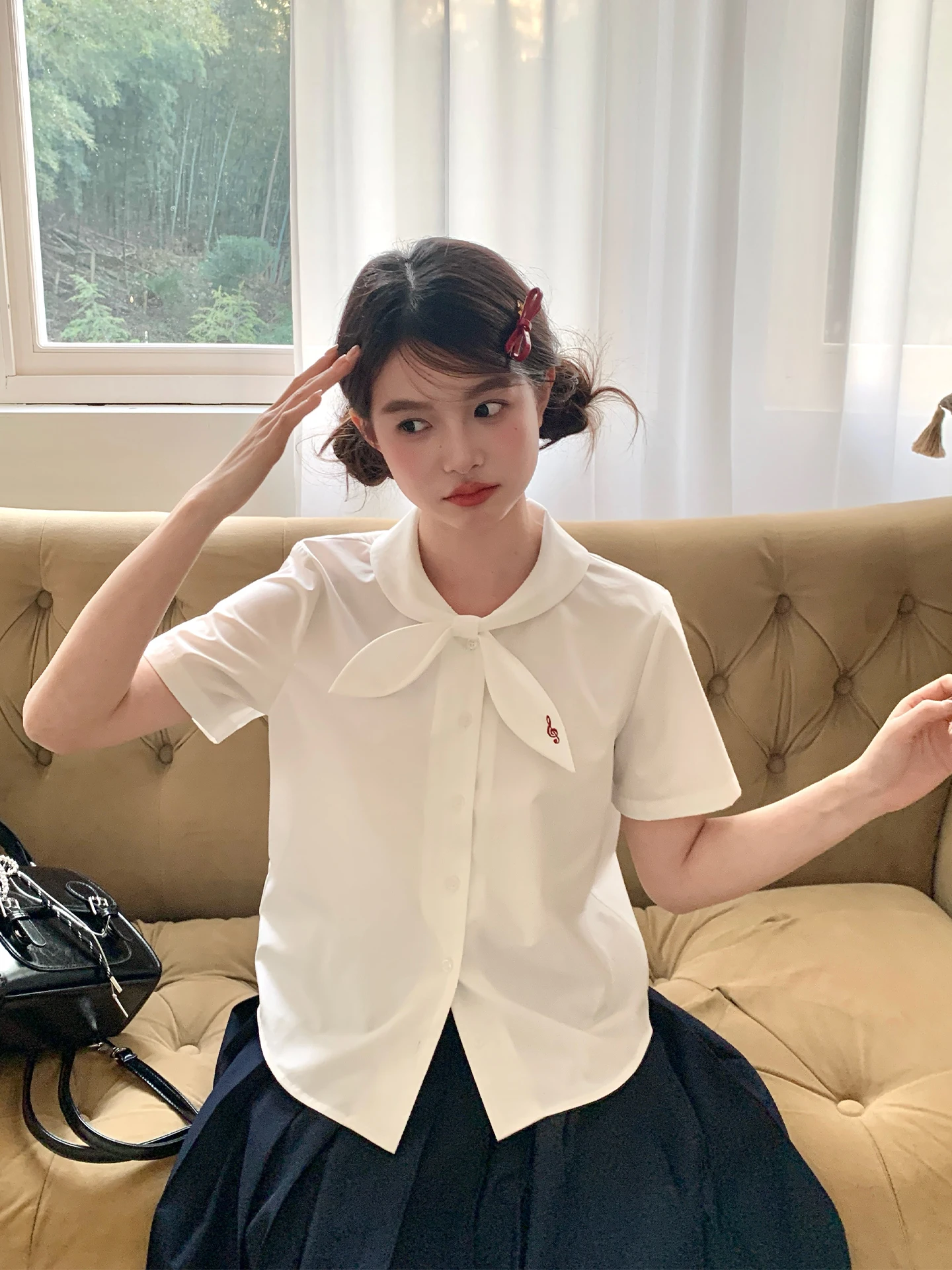 

Милый топ с бантом и коротким рукавом в стиле Tokyo Seasonal Record JK, летний, белый, женский, маленький размер, школьный стиль