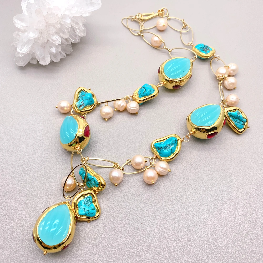 Y·YING Freshwater Pink Potato Pearl Blue Turquoise Jade Statement Collar Choker Necklace Designer Jewelry