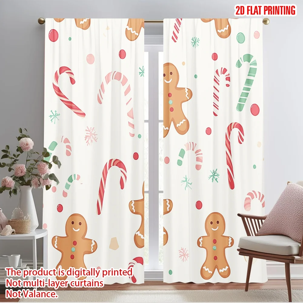 2pcs,2D plane printing Contemporary Curtains Gingerbread Candy Cane Durable Polyester (without rod) Holiday Perfect for Bedroom
