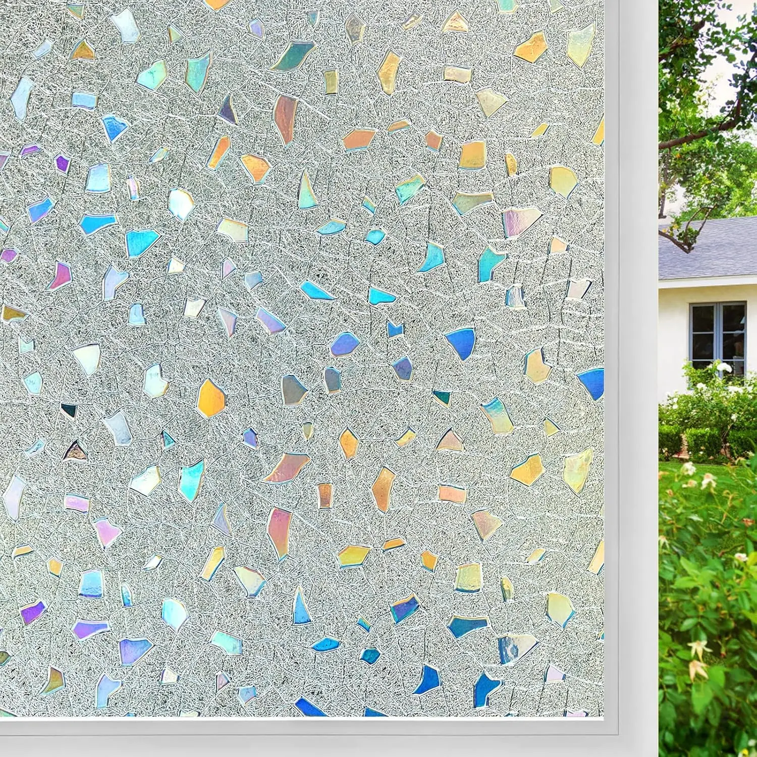 Window Privacy Film Stained Glass Clings 3D Rainbow Decorative Door Window Covering Stickers Static Cling Non Adhesive Sun UV