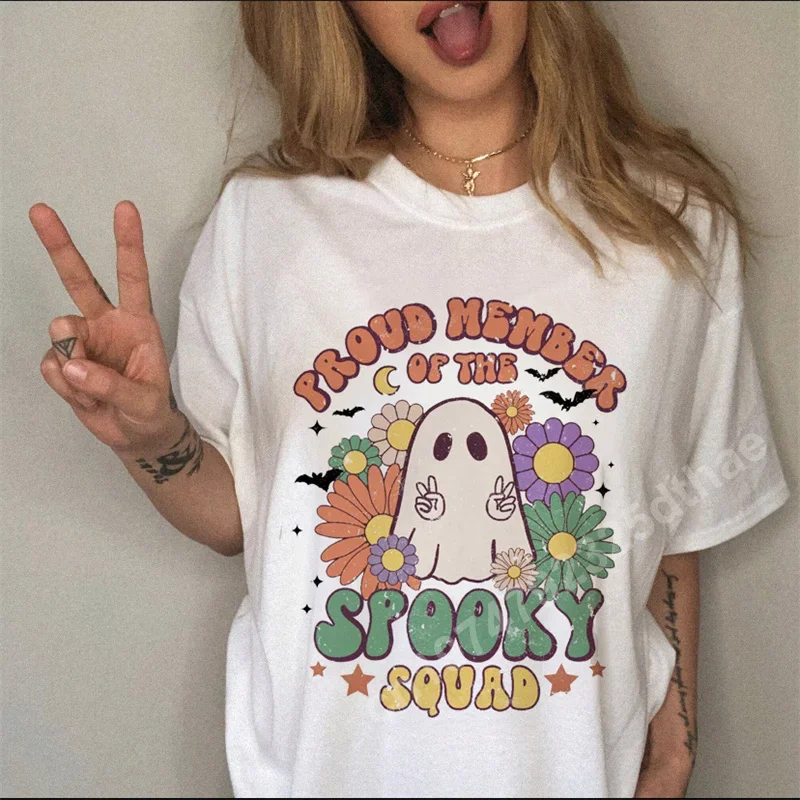 

Kawaii футболки с принтом призраков для женщин, одежда с короткими рукавами Y2k, футболки с рисунком на Хэллоуин, повседневные топы, футболка в стиле Харадзюку