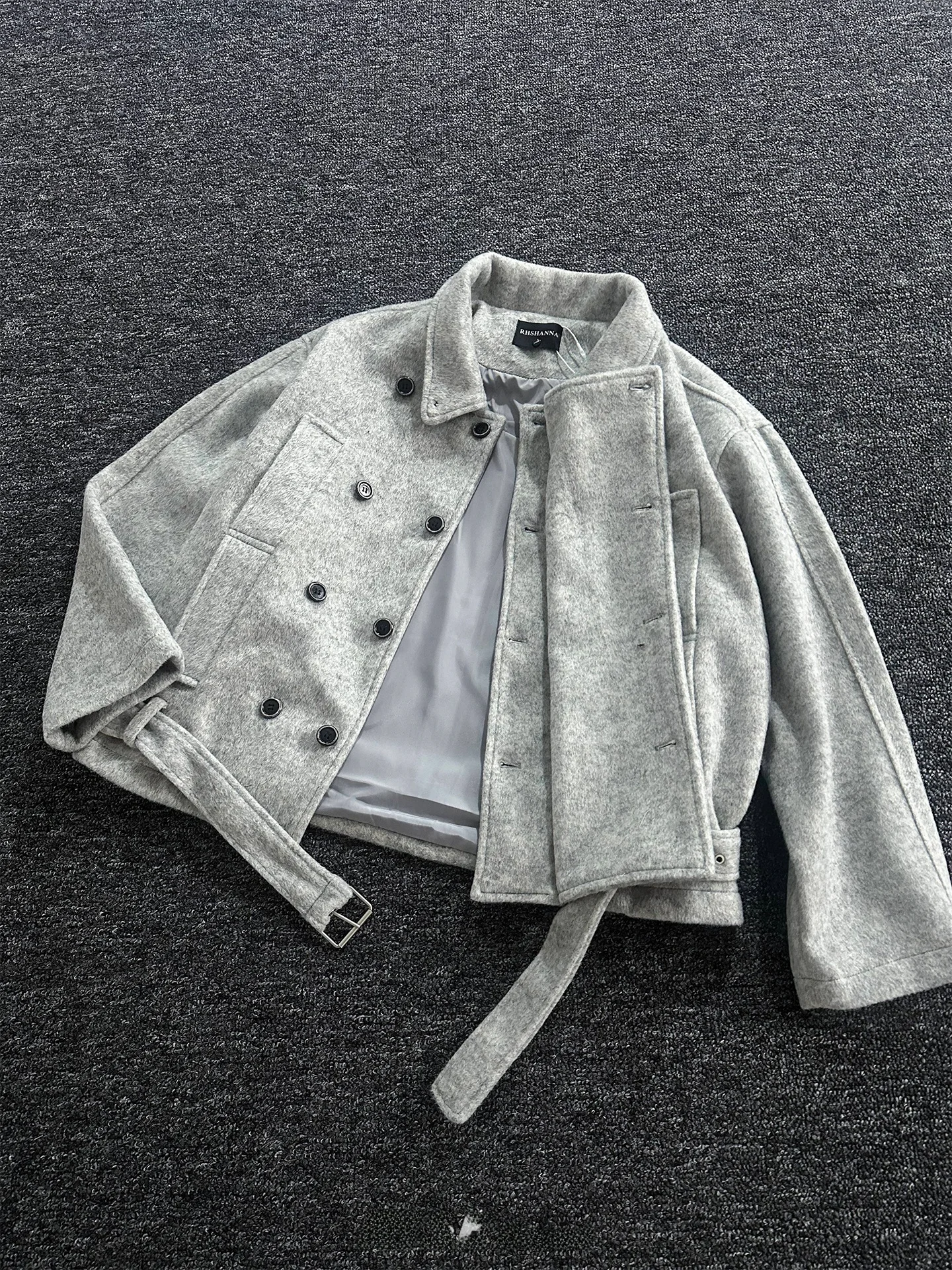 

Мужская шерстяная куртка Rise Brand с воротником-стойкой, двубортная, на поясе, весенняя, модная, для мужчин среднего возраста, из полиэфирного волокна