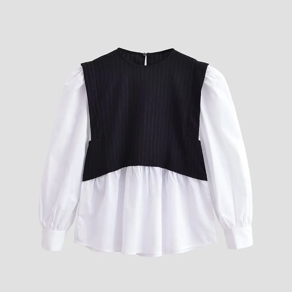 

European and American style 2025 winter new products women's versatile long-sleeved round neck stitching design shirt