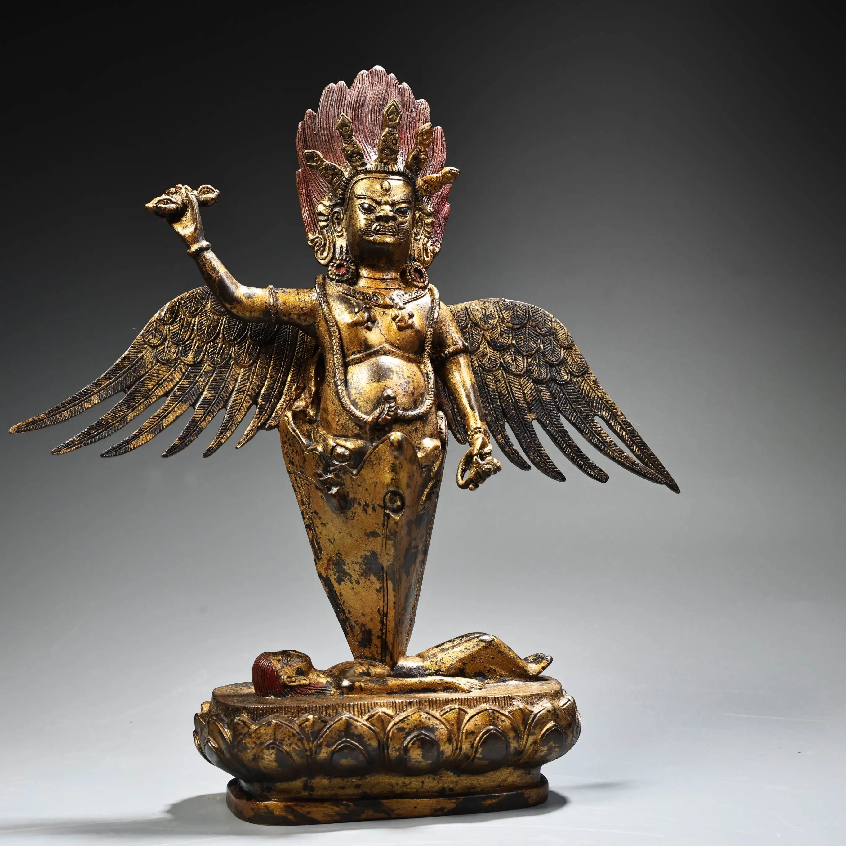 11 "مجموعة معبد التبت البرونزية القديمة المذهبة الزنجفر بوما فاجرايانا الدائمة بوذا غارودا بوذا لوتس شرفة قاعة العبادة