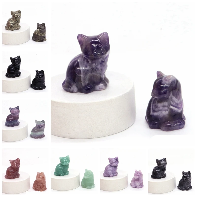 30mm natürliche Reiki Heilung Kristalls tein schnitzen Katze Statue Amethyst Rose Quarz Achat Tier figur Handwerk Heim textilien