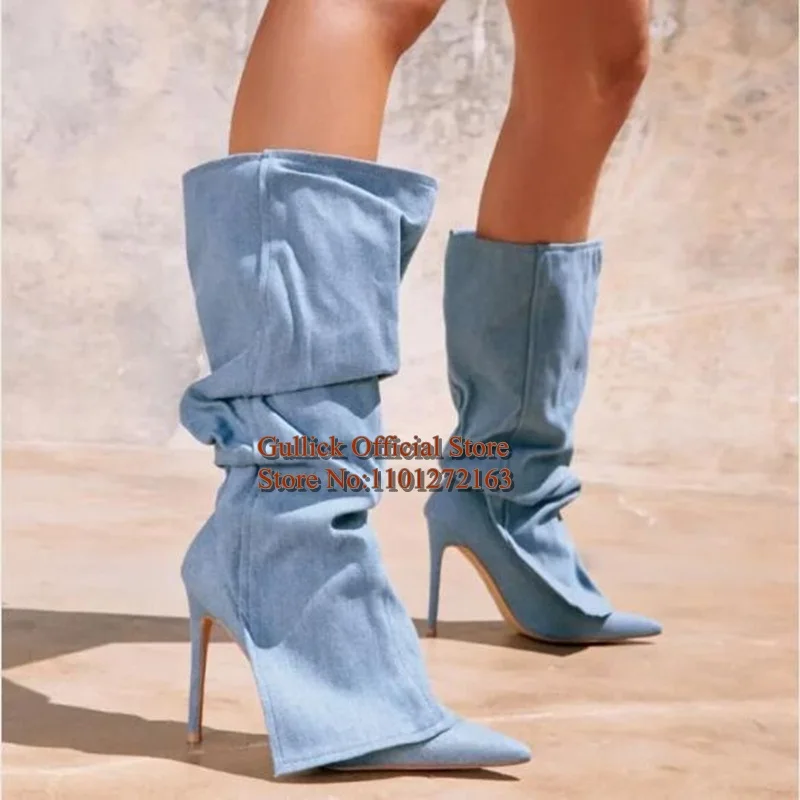 Blue Denim Pleated Knee High Boots Pointed Toe Stiletto Heels Folded Strap Women Jeans Boots Big Size Fashion Winter Modern Boot